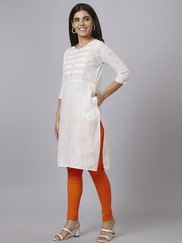 Globus Women Off White Printed Round Neck 3/4 Sleeves Straight Kurta With Border Detail