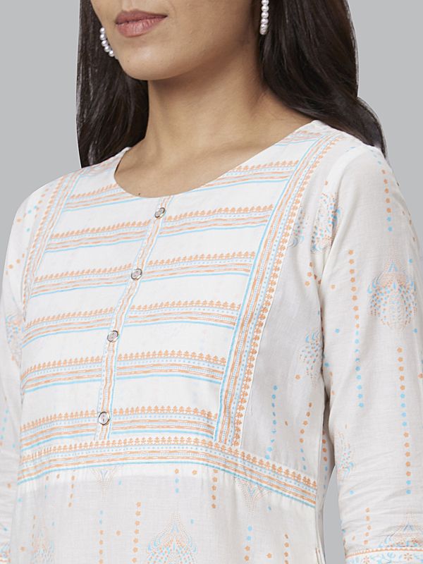 Globus Women Off White Printed Round Neck 3/4 Sleeves Straight Kurta With Border Detail