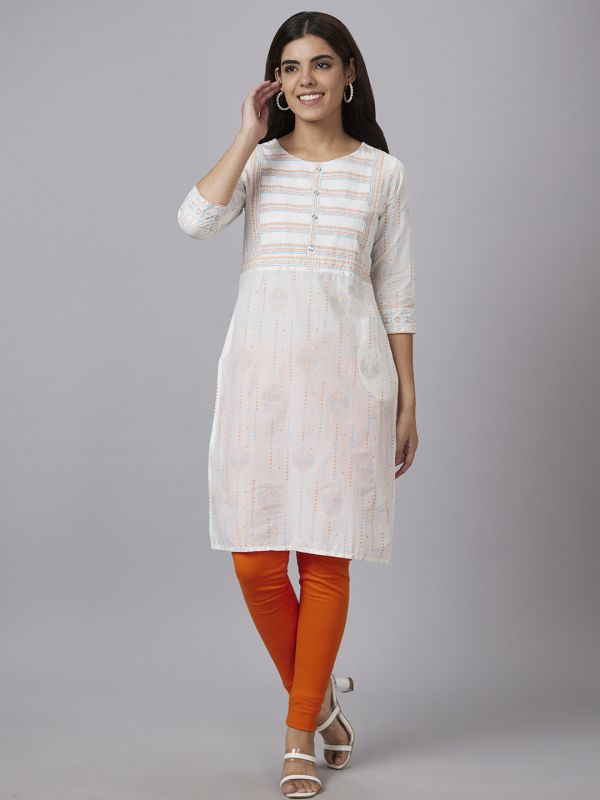 Globus Women Off White Printed Round Neck 3/4 Sleeves Straight Kurta With Border Detail