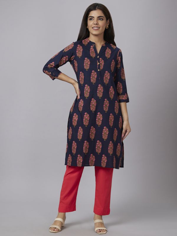 Globus Women Blue Printed Mandarin Collar Straight Kurta