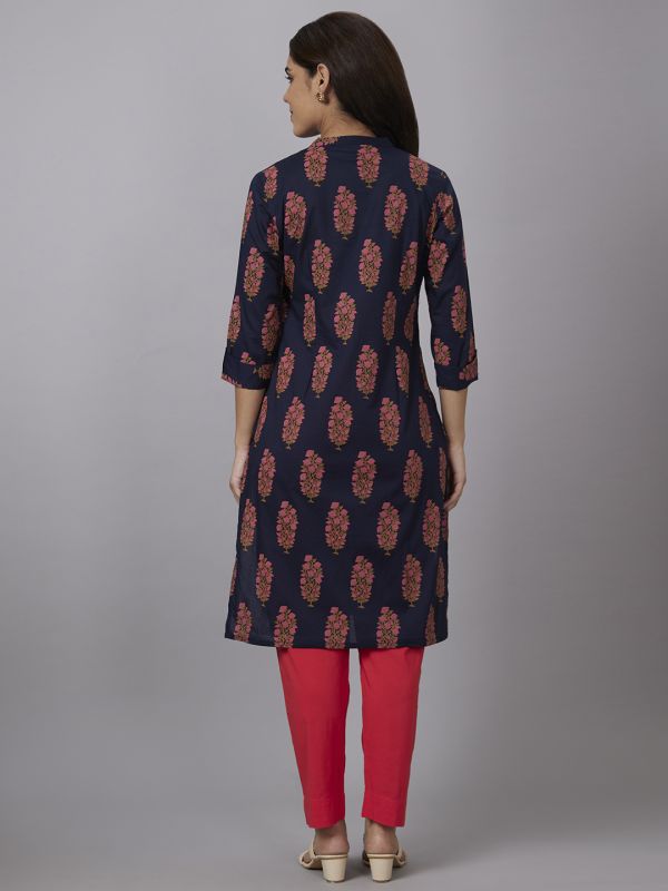 Globus Women Blue Printed Mandarin Collar Straight Kurta