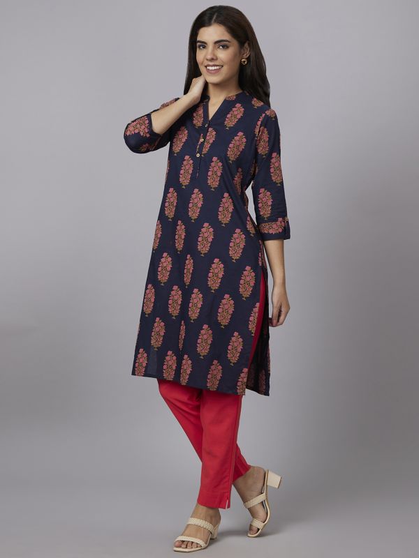 Globus Women Blue Printed Mandarin Collar Straight Kurta