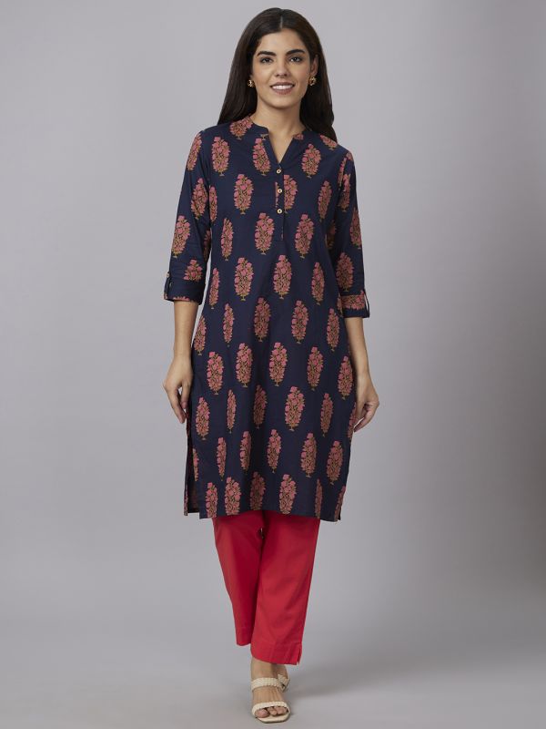 Globus Women Blue Printed Mandarin Collar Straight Kurta