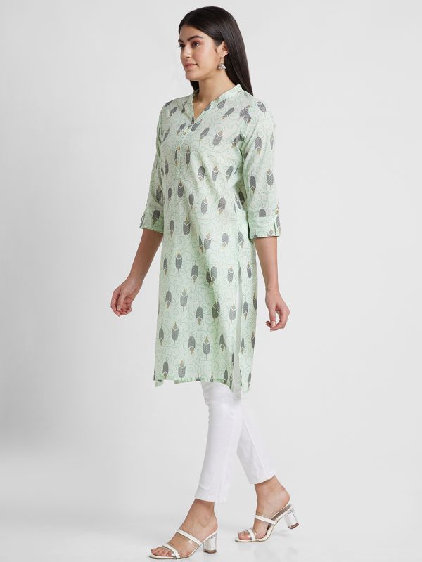 Globus Women Mint Green Printed Mandarin Collar Straight Kurta