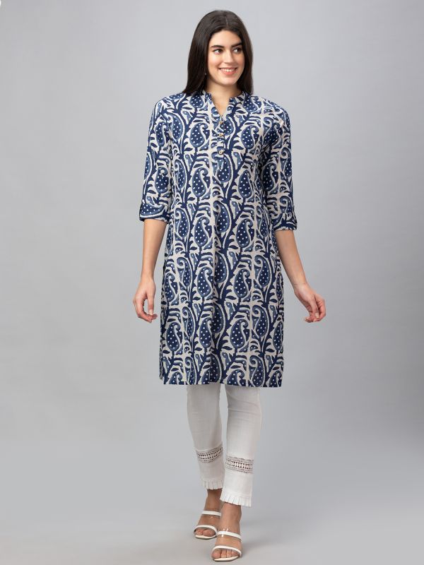 Globus Women Indigo Printed Mandarin Collar 3/4 Sleeves Straight Kurta