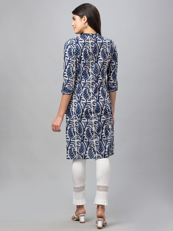 Globus Women Indigo Printed Mandarin Collar 3/4 Sleeves Straight Kurta