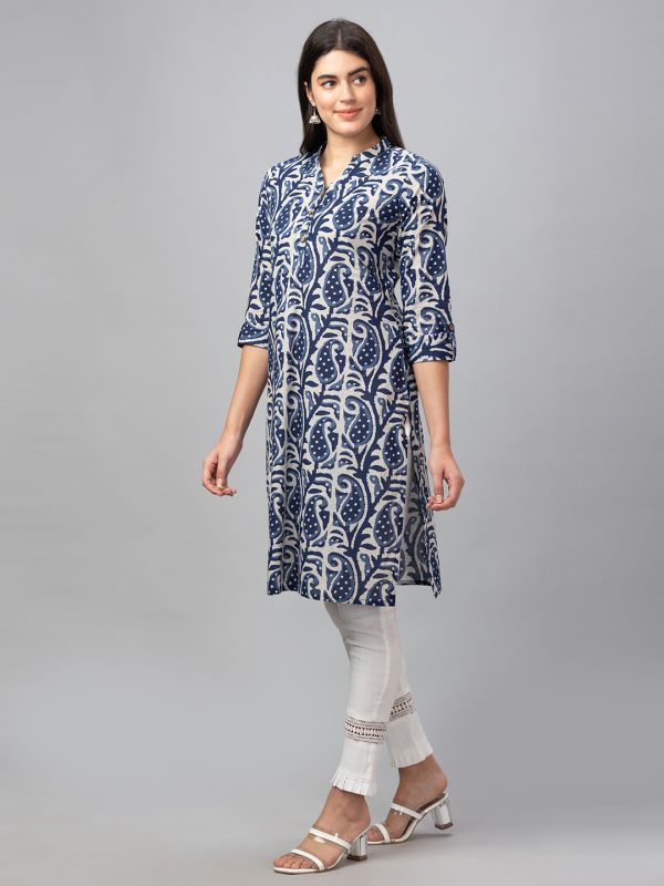 Globus Women Indigo Printed Mandarin Collar 3/4 Sleeves Straight Kurta