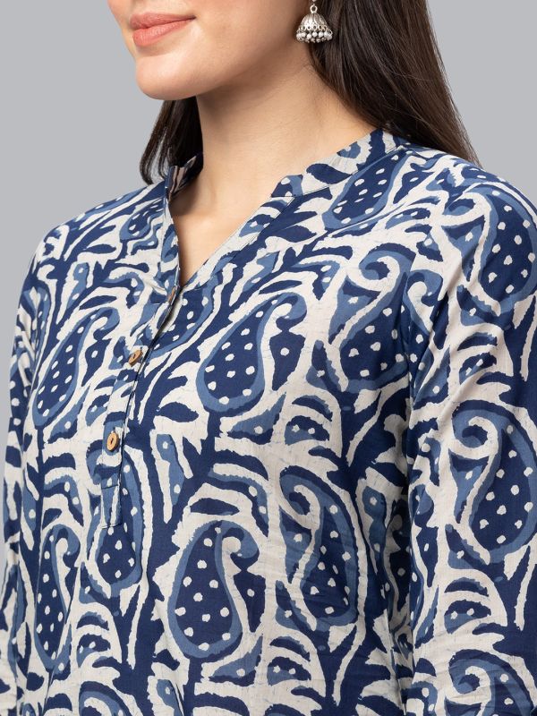 Globus Women Indigo Printed Mandarin Collar 3/4 Sleeves Straight Kurta