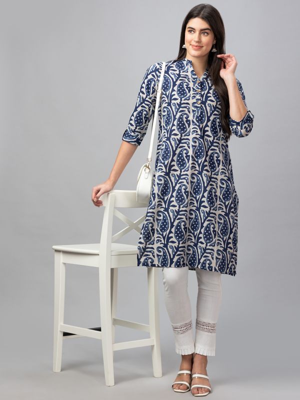 Globus Women Indigo Printed Mandarin Collar 3/4 Sleeves Straight Kurta