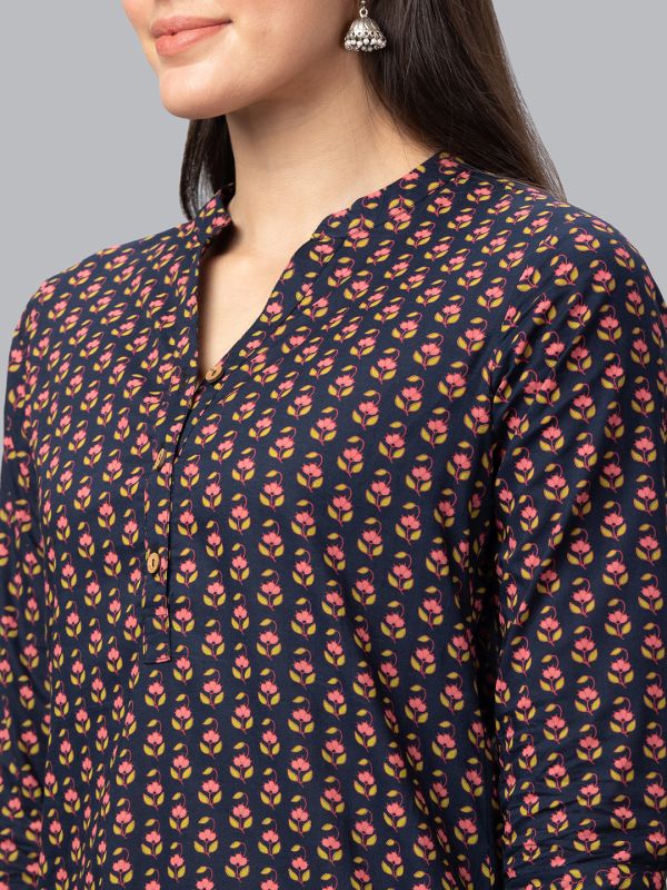 Globus Women Navy Printed Mandarin Collar 3/4 Sleeves Straight Kurta