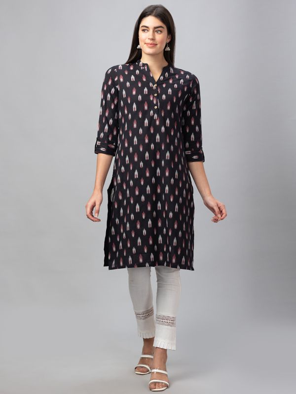 Globus Women Black Printed Mandarin Collar 3/4 Sleeves Straight Kurta