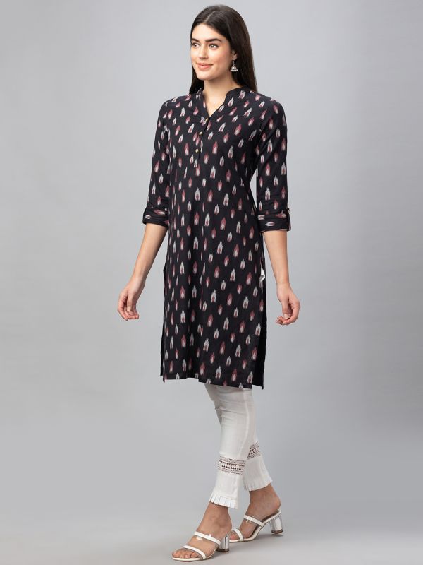 Globus Women Black Printed Mandarin Collar 3/4 Sleeves Straight Kurta