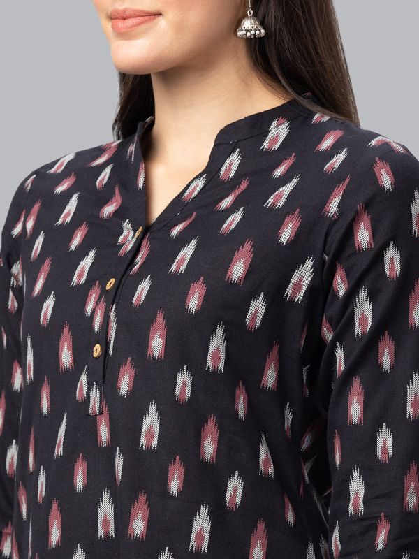 Globus Women Black Printed Mandarin Collar 3/4 Sleeves Straight Kurta