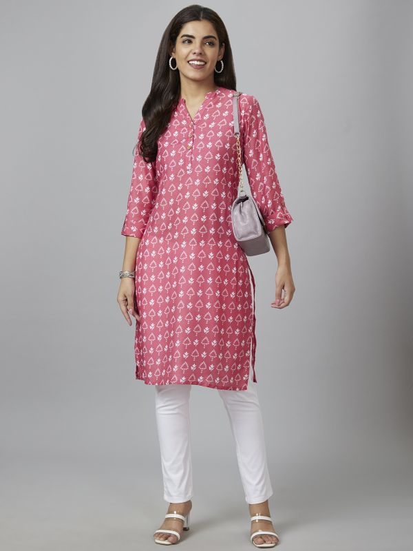 Globus Women Pink Printed Straight Kurta