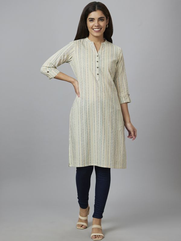 Globus Women Off White Striped Straight Kurta