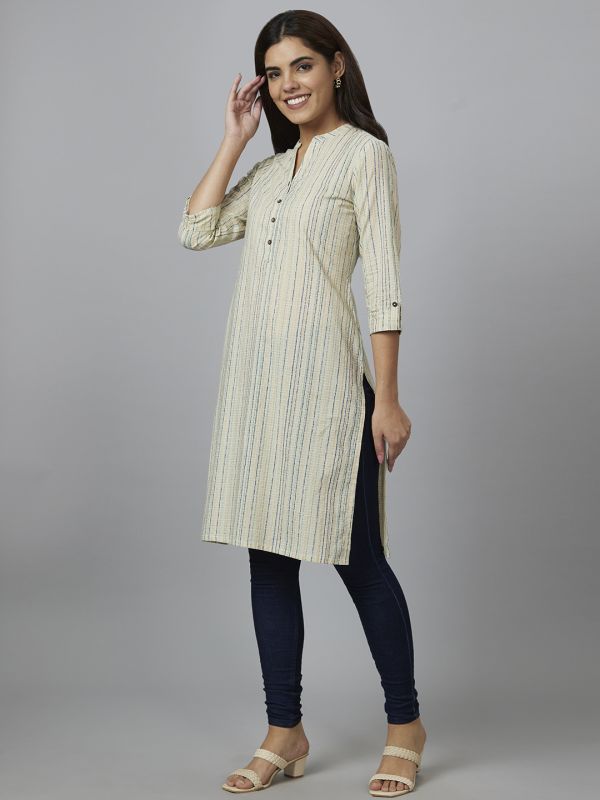 Globus Women Off White Striped Straight Kurta