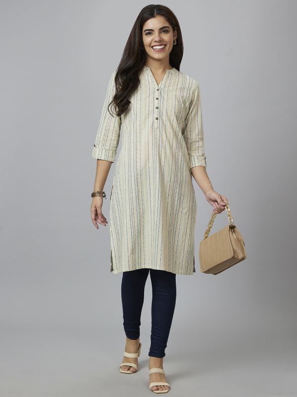 Globus Women Off White Striped Straight Kurta