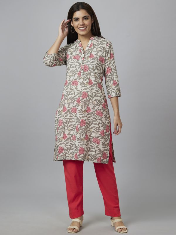 Globus Women Off White Printed Straight Kurta