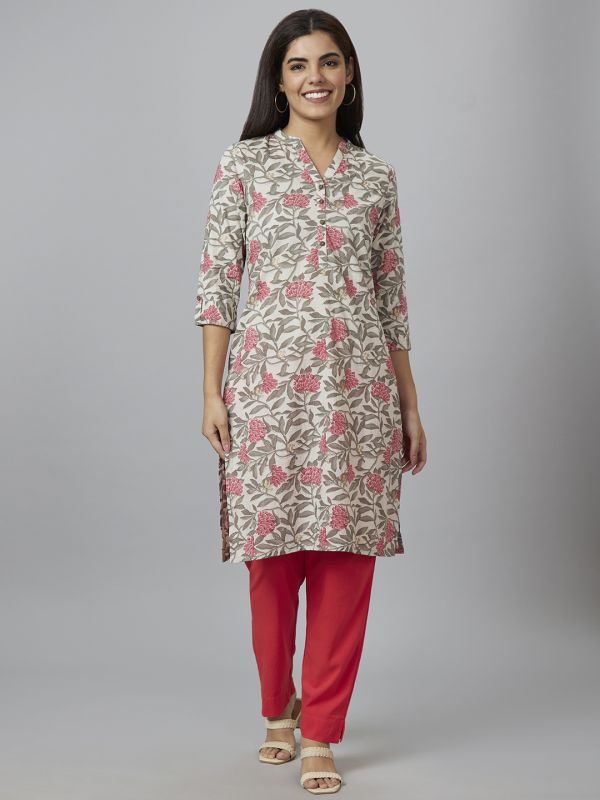 Globus Women Off White Printed Straight Kurta