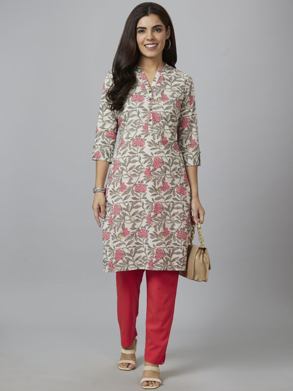 Globus Women Off White Printed Straight Kurta