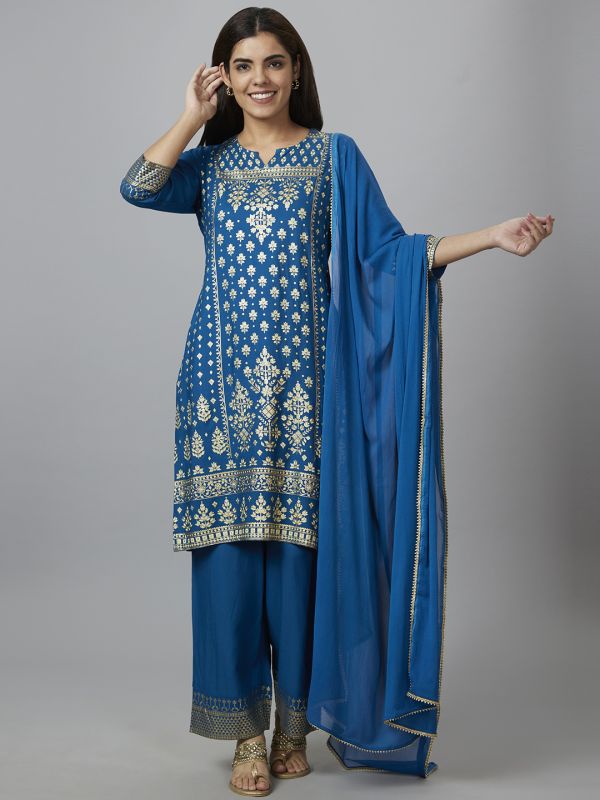 Globus Women Blue Printed Straight Kurta Set with Trouser and Dupatta