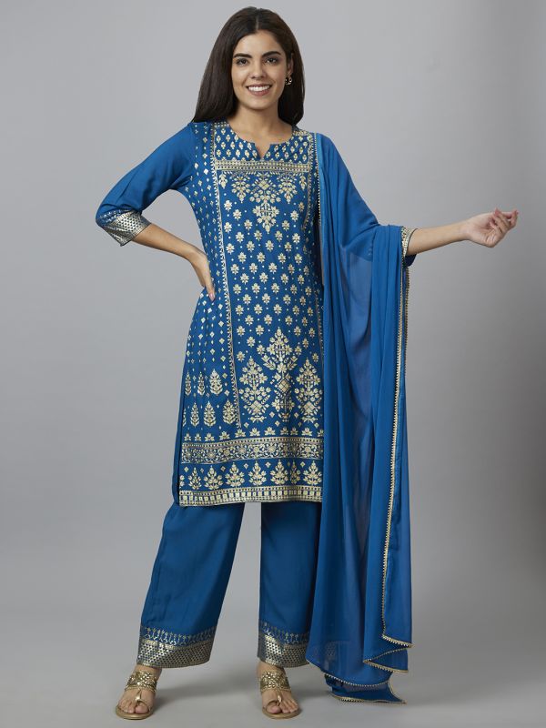 Globus Women Blue Printed Straight Kurta Set with Trouser and Dupatta