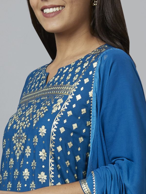 Globus Women Blue Printed Straight Kurta Set with Trouser and Dupatta