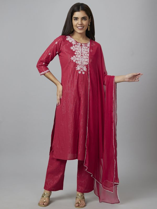 Globus Women Red Embroidered Straight Kurta Set with Palazzo and Dupatta