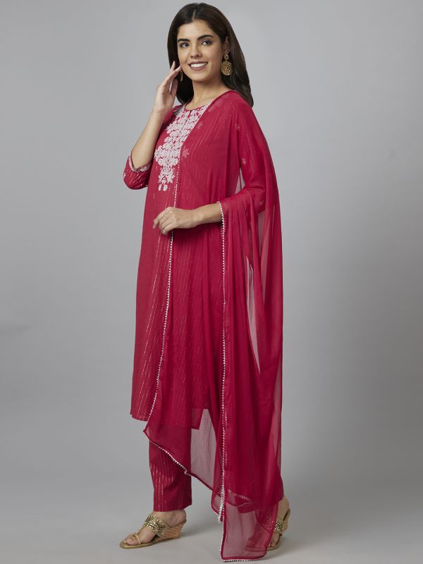 Globus Women Red Embroidered Straight Kurta Set with Palazzo and Dupatta