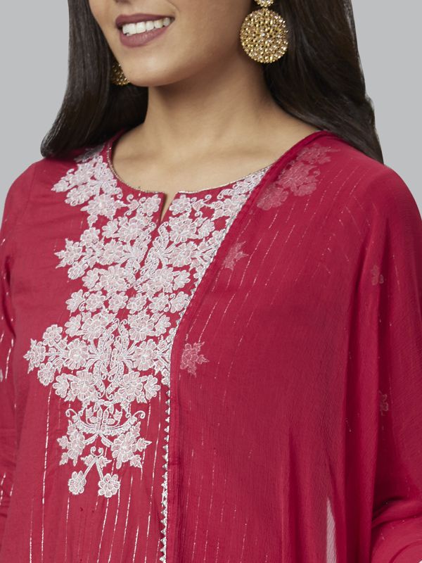 Globus Women Red Embroidered Straight Kurta Set with Palazzo and Dupatta