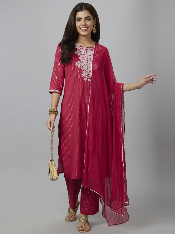 Globus Women Red Embroidered Straight Kurta Set with Palazzo and Dupatta