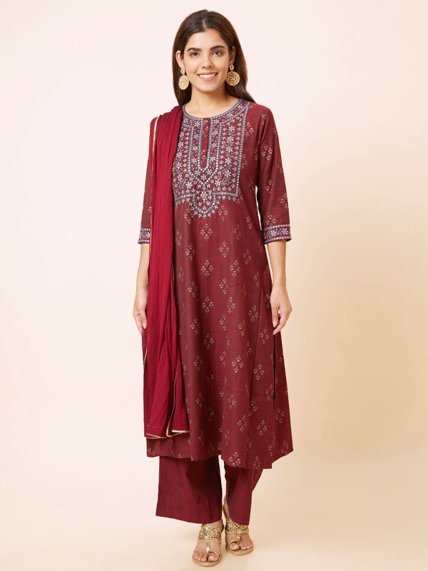 Globus Women Maroon Printed Straight Kurta Set with Palazzo and Dupatta