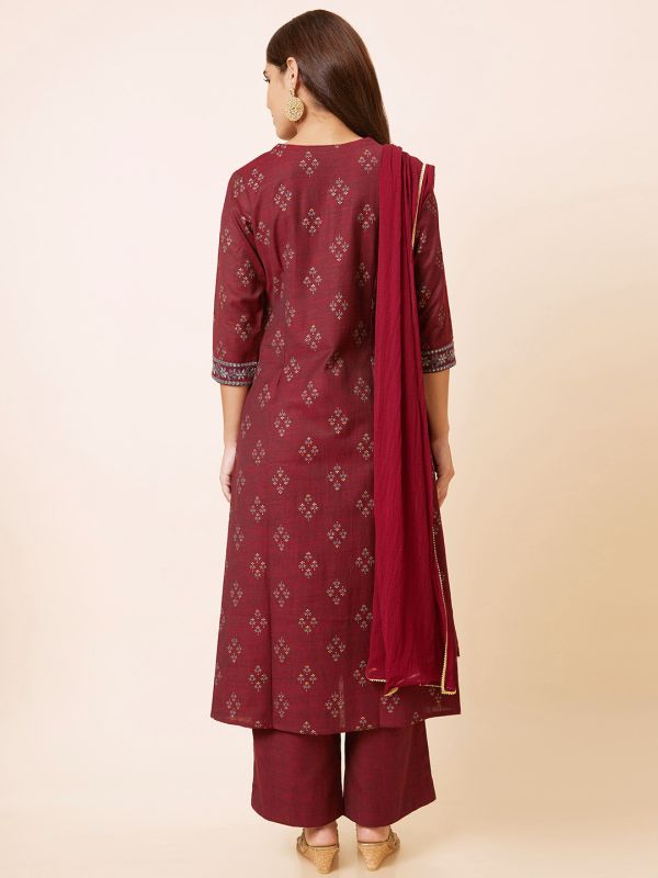 Globus Women Maroon Printed Straight Kurta Set with Palazzo and Dupatta