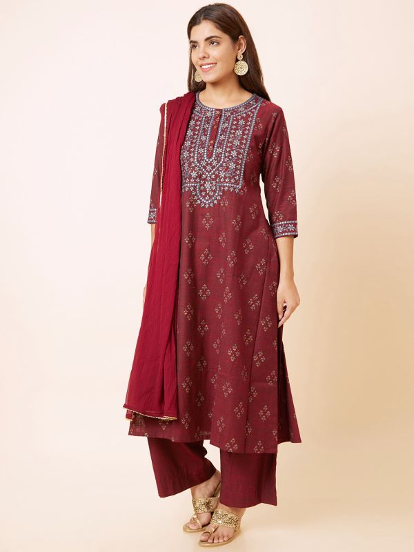 Globus Women Maroon Printed Straight Kurta Set with Palazzo and Dupatta