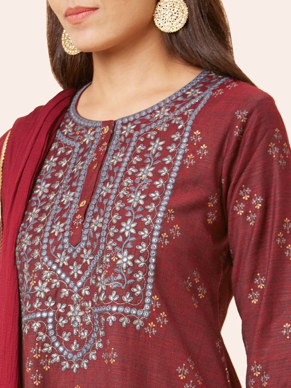 Globus Women Maroon Printed Straight Kurta Set with Palazzo and Dupatta