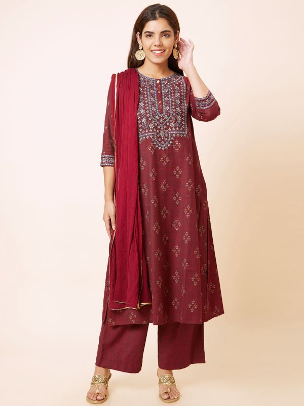 Globus Women Maroon Printed Straight Kurta Set with Palazzo and Dupatta