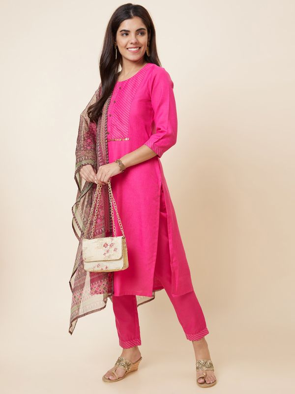 Globus Women Pink Solid Straight Kurta Set with Trouser and Dupatta