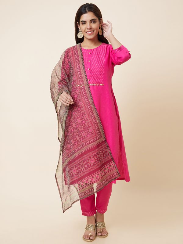 Globus Women Pink Solid Straight Kurta Set with Trouser and Dupatta