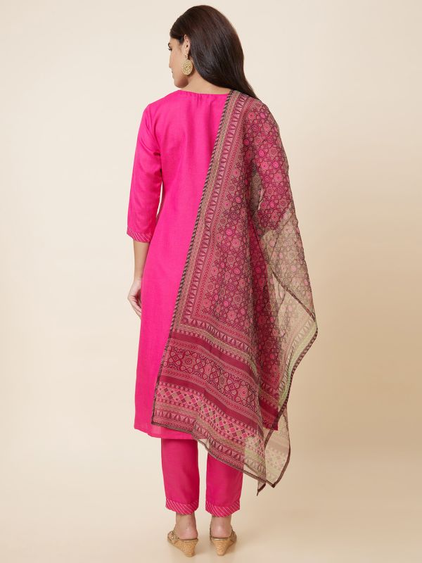 Globus Women Pink Solid Straight Kurta Set with Trouser and Dupatta