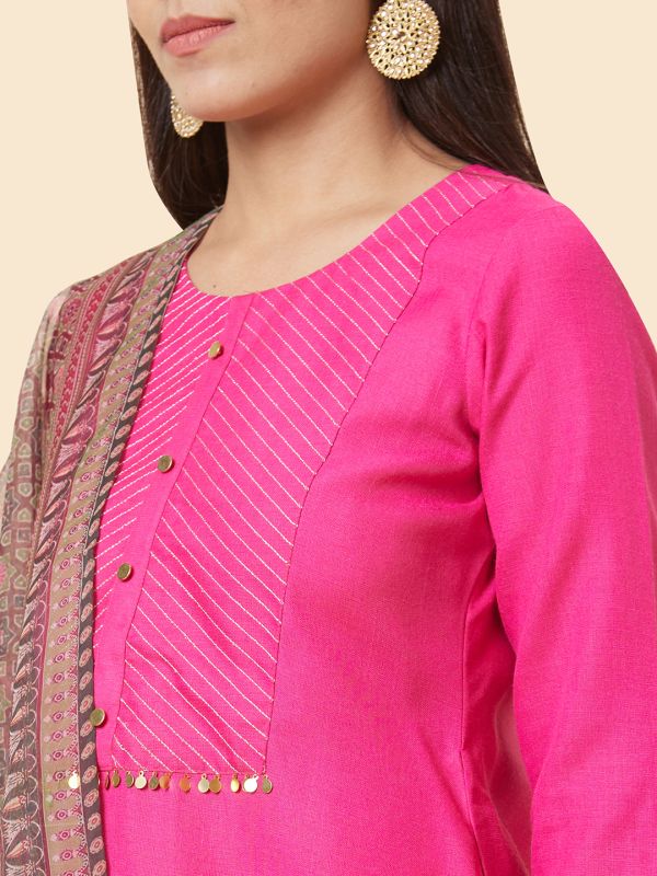 Globus Women Pink Solid Straight Kurta Set with Trouser and Dupatta