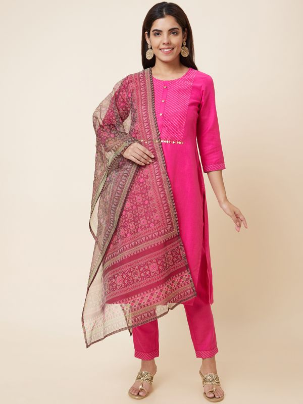 Globus Women Pink Solid Straight Kurta Set with Trouser and Dupatta