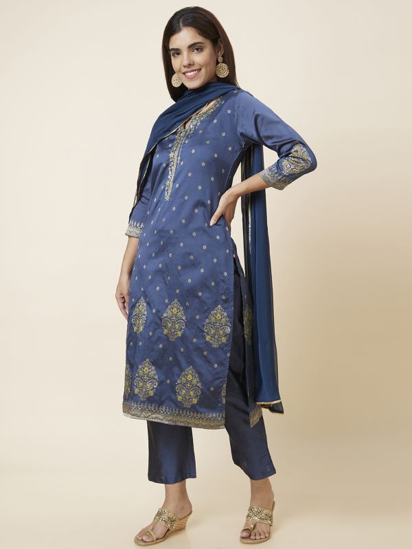 Globus Women Blue Embroidered Straight Kurta Set with Trouser and Dupatta