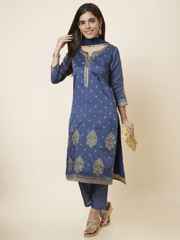 Globus Women Blue Embroidered Straight Kurta Set with Trouser and Dupatta