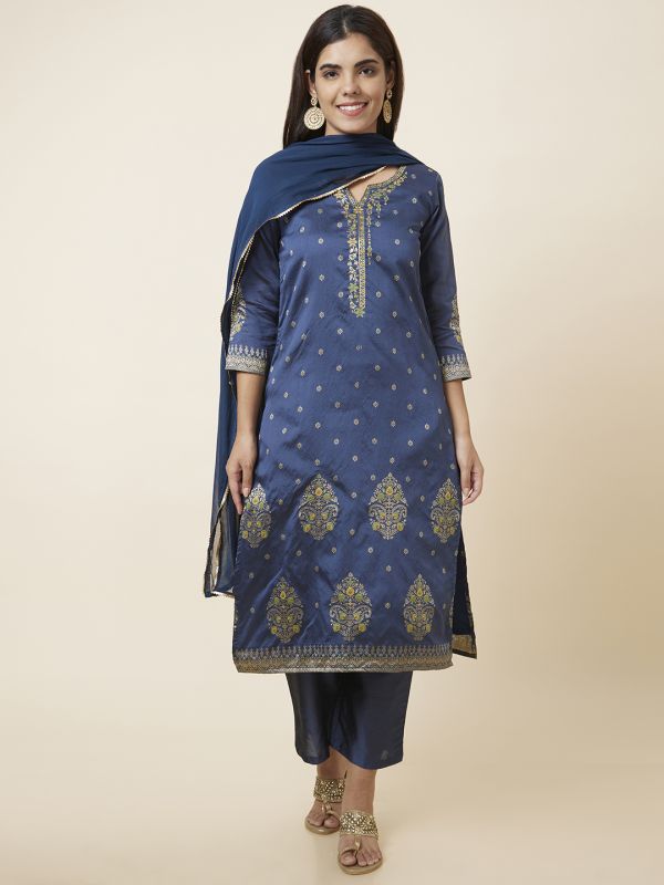 Globus Women Blue Embroidered Straight Kurta Set with Trouser and Dupatta