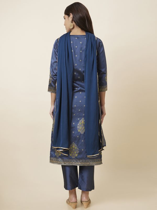 Globus Women Blue Embroidered Straight Kurta Set with Trouser and Dupatta