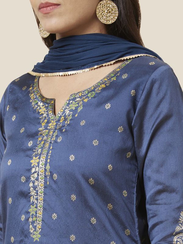 Globus Women Blue Embroidered Straight Kurta Set with Trouser and Dupatta