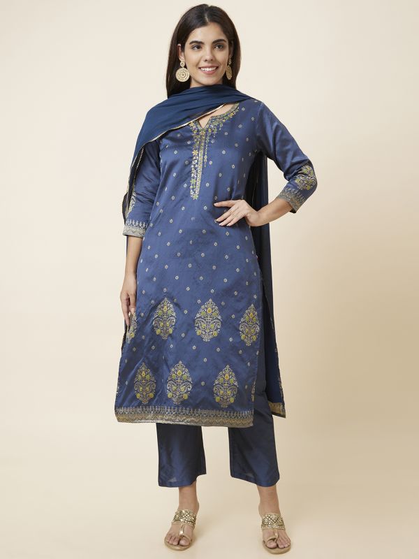 Globus Women Blue Embroidered Straight Kurta Set with Trouser and Dupatta