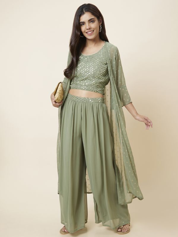 Globus Women Olive Ethnic Set with Sleeveless Crop, Sharara and Jacket