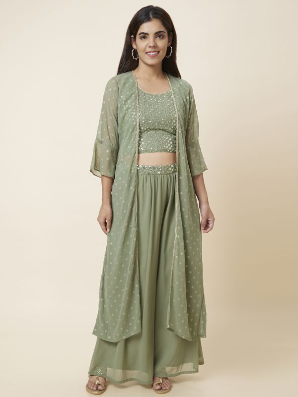 Globus Women Olive Ethnic Set with Sleeveless Crop, Sharara and Jacket