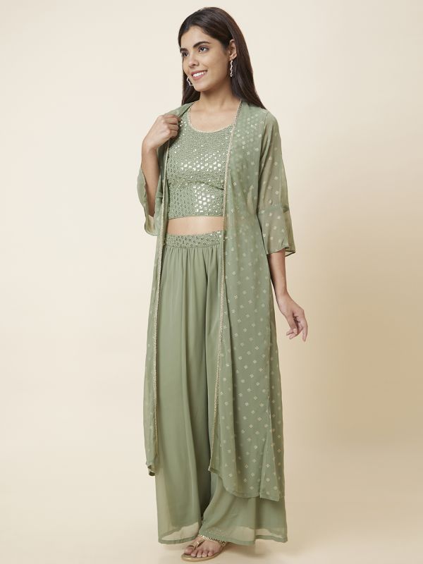 Globus Women Olive Ethnic Set with Sleeveless Crop, Sharara and Jacket